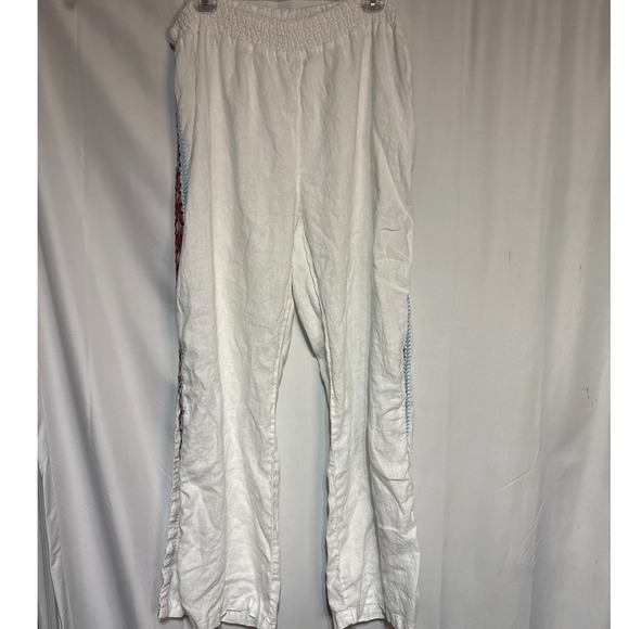 Jw Los Angeles Pants - JW Los Angeles Womens XXL White Linen Embroidered Side Stripe Smocked Pants